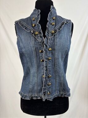 Tribal Denim Size 8 Ruffle Military Hook Eye Vest Y2K Steampunk Victorian